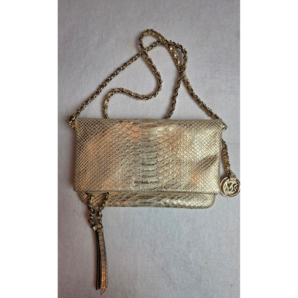 Michael Kors Gold Metallic Snakeskin Embossed Crossbody Bag Evening Glam MK Logo